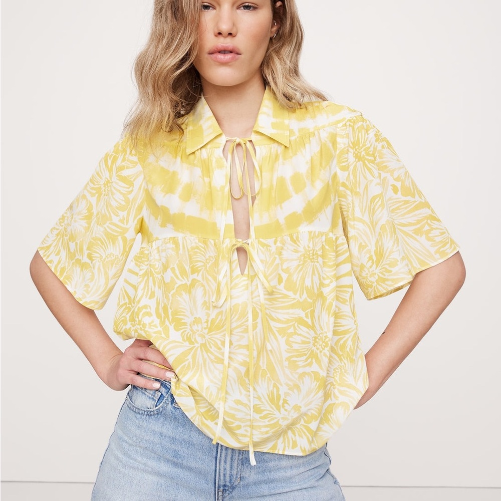 NWT Banana Republic Matte Yellow Floral Tie-Front Silk Blouse Top Women's XS